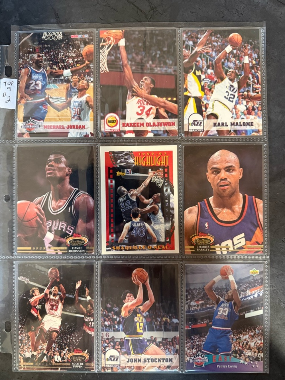NBA 1990s Top 9 player cards, New just opened packages Jordan, Olajuwon, Malone.